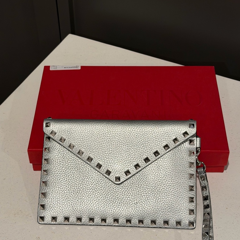 Valentino Silver Rockstud Envelope Clutch Wristlet